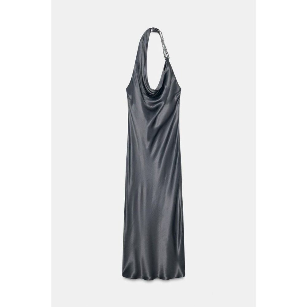Zara Womens Asymmetrical Satin Midi Dress Medium Anthracite Gray 5029/208 NWT - Picture 2 of 16